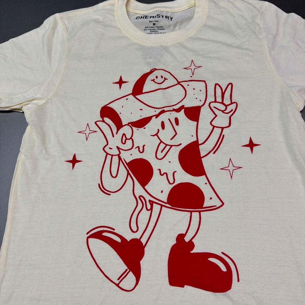 Chemistry Mens Pizza Character‎ Graphic Tee Shirt Cream Red Size M